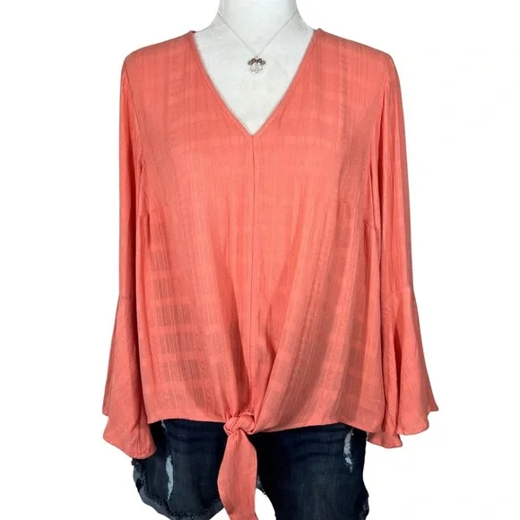 Torrid NEW Textured Woven Tie Front Top Crabapple Coral Orange Medium Large L 10 - Picture 3 of 15